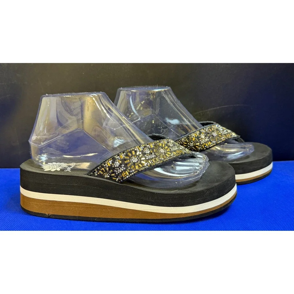 Yellow Box Kania Womens Black Beaded Platform Flip Flops Sandals Gold Silver 7.5 - Picture 2 of 8